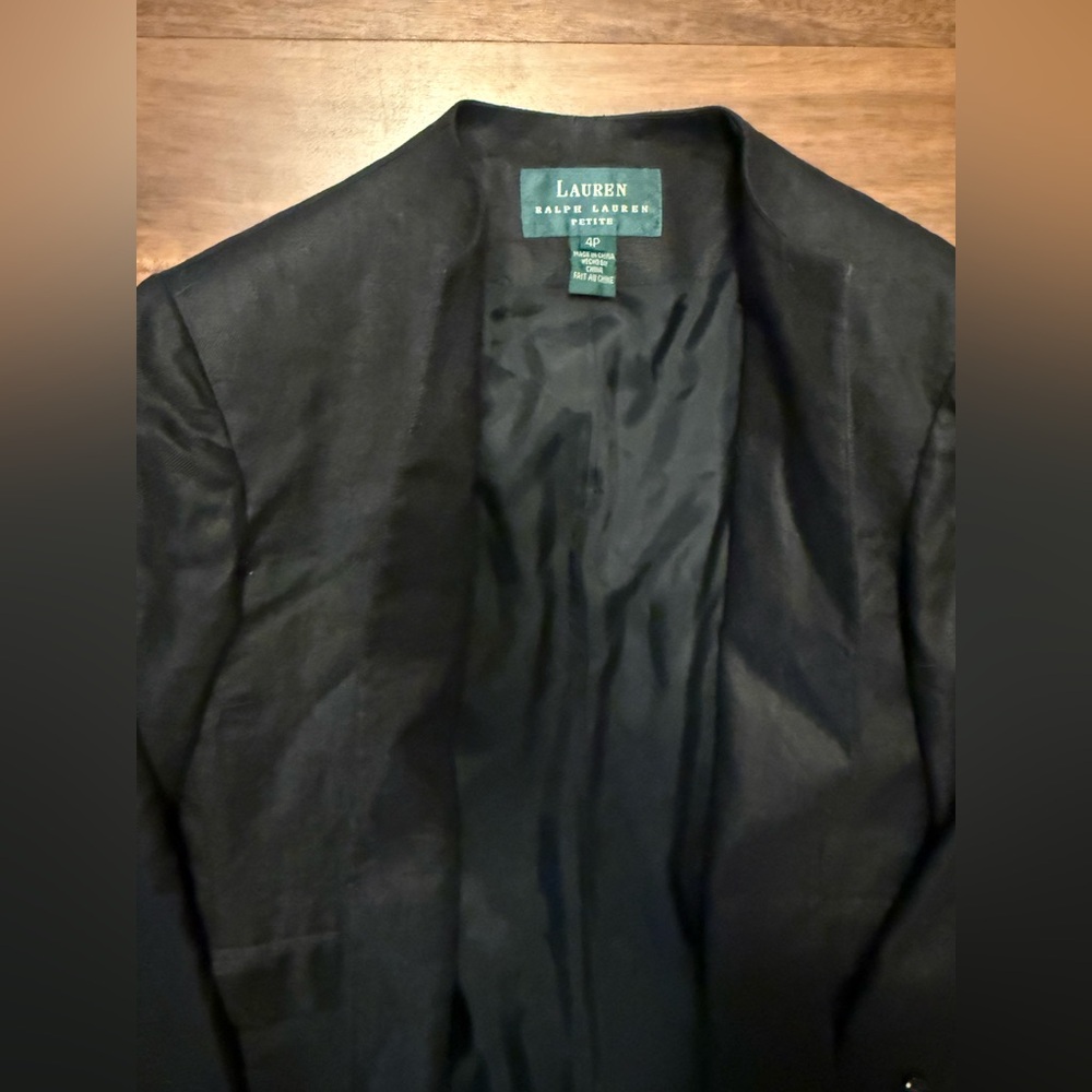 Ralph Lauren Black Collarless Linen Trench Coat - Picture 2 of 6